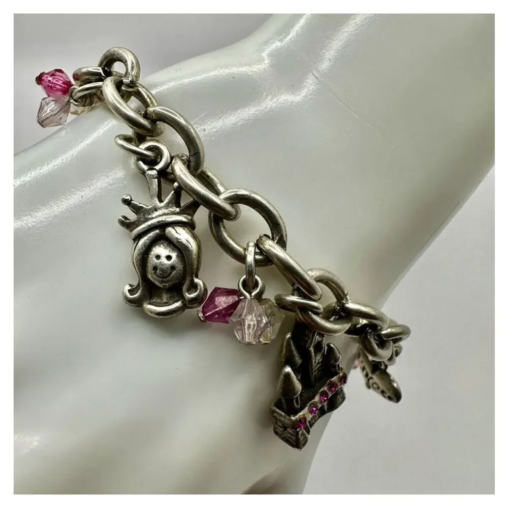 Princess Charm Bracelet Silver Pink Crystal castle  Chair heart princess